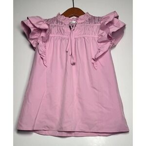 Hooklzo Blouse Top Womens Small Pink Flutter Sleeve Smocked Tie Neck Pleated
